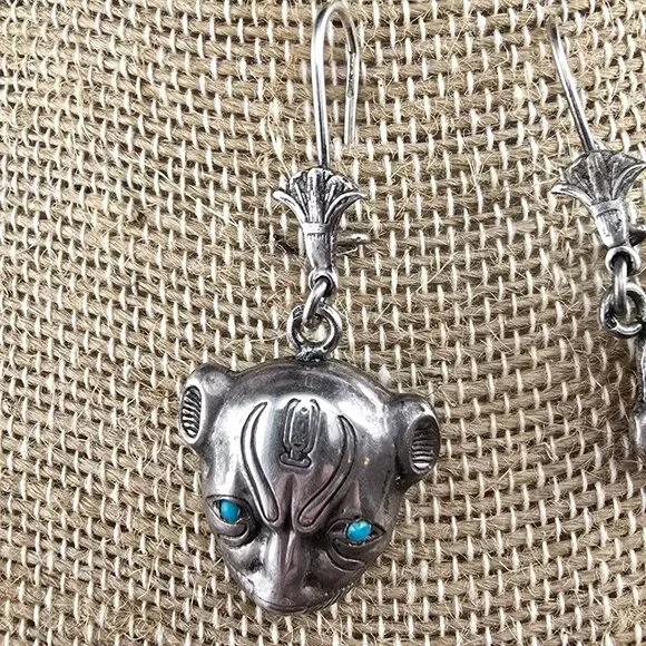Sterling Silver Egyptian Sekhmet Bastet Cat Earrings Marked - Picture 9 of 10